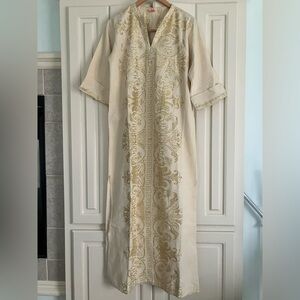 M.DE.SIGN Made In Greece Cream Cotton Dress Gold Metallic Embroidery Kaftan L